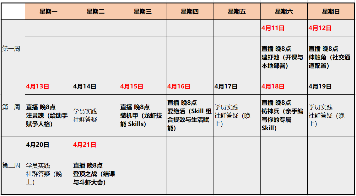 龙虾破冰计划 · 课程表(开课时间与周期)
